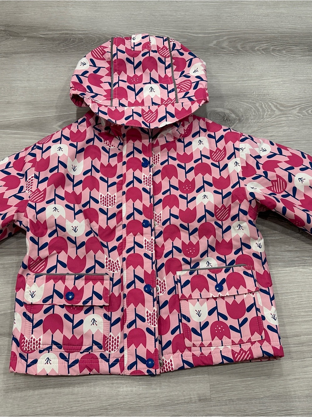 Girls' Hooded Pink Floral Raincoat with Pocket Details
